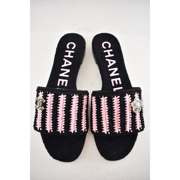 Chanel 24M Black Pink Crochet Stripe Camellia Flower Logo Mule Slide Sandal 39 - Picture 12 of 16